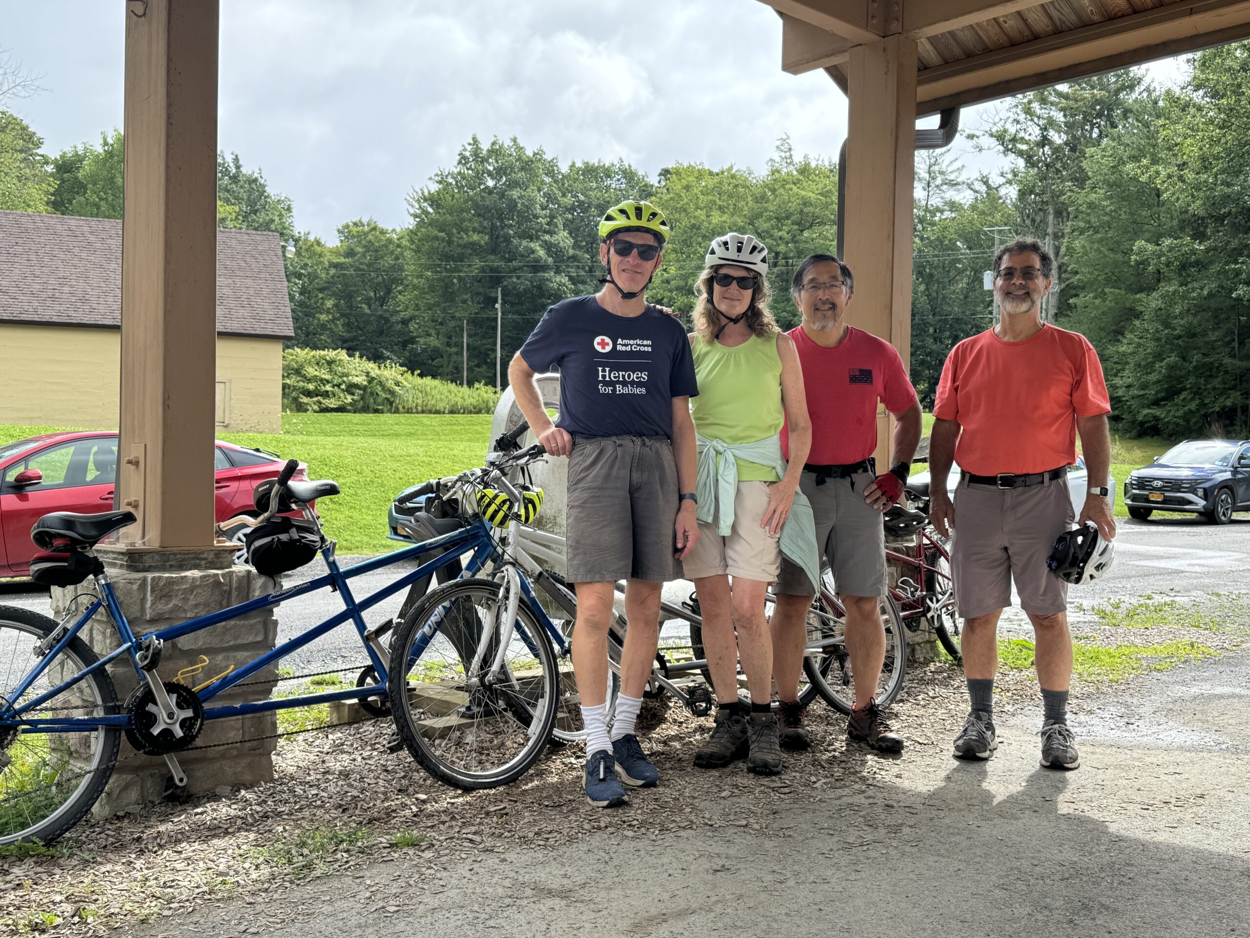 Tandem bike teams pose for a quick photo op before heading out for a quick tour around back roads near Sky Lake.